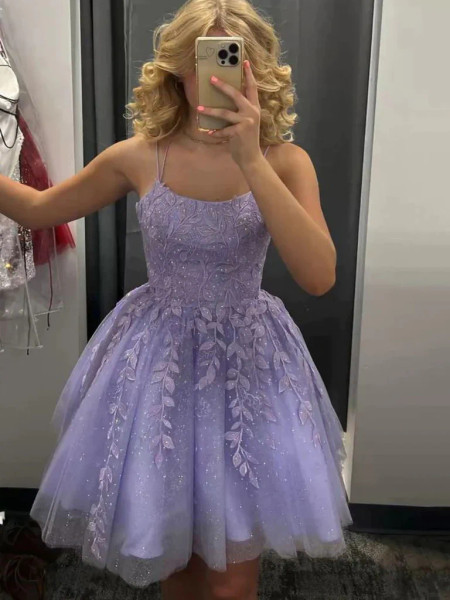 Shop 2023 ANNAKOO Lavender  Appliques Open Back Purple Lace Short Prom Dress Under 139