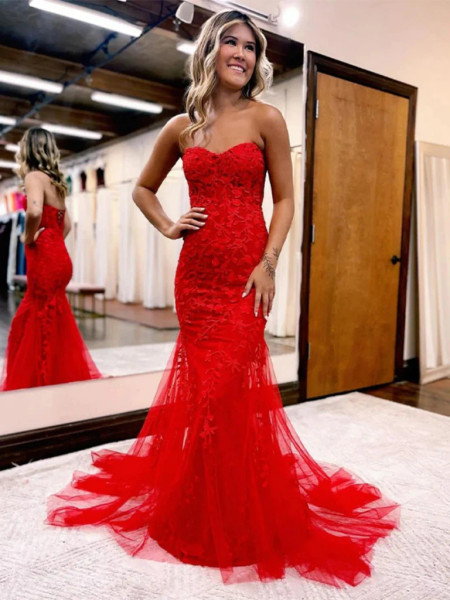 Shop 2023 ANNAKOO Appliques Strapless Mermaid Red Lace Long Prom Dress Under 168