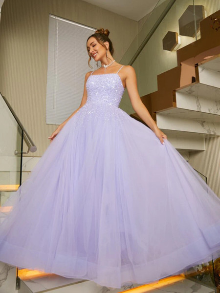 Shop 2023 ANNAKOO Open Back Tulle Beading Purple Lilac Long Prom Dress With Slit Under 167