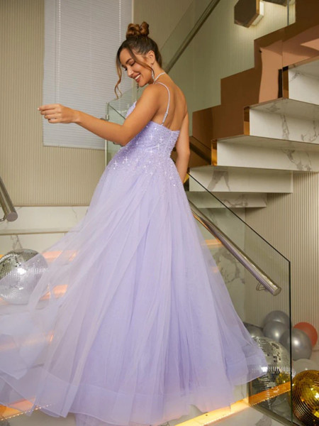 Shop 2023 ANNAKOO Open Back Tulle Beading Purple Lilac Long Prom Dress With Slit Under 167