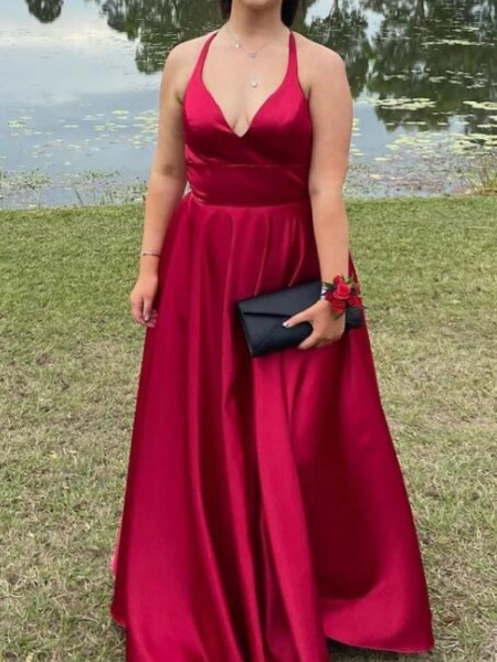 Shop 2023 ANNAKOO  A Line V Neck Backless Burgundy Long Prom Dress Under 95