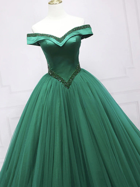 Shop 2023 ANNAKOO Off Shoulder Beading Tulle Green Long Prom Dress under 158