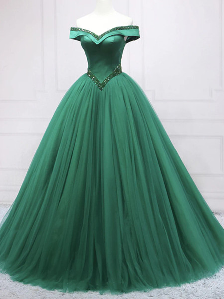 Shop 2023 ANNAKOO Off Shoulder Beading Tulle Green Long Prom Dress under 158