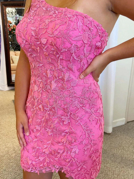 Shop 2023 ANNAKOO One Shoulder Sheath Column Pink Lace Short Prom Dress Under 156