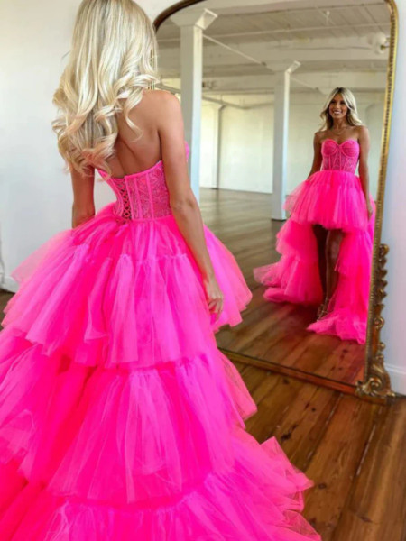 Shop 2023 ANNAKOO Pink High Low Lace Up Ruffles Tulle Prom Dress Under 169