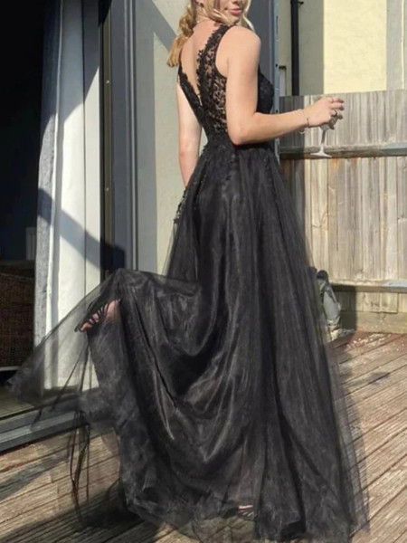 Shop 2023 ANNAKOO Black V Neck Tulle Backless A Line Prom Dress Under 188