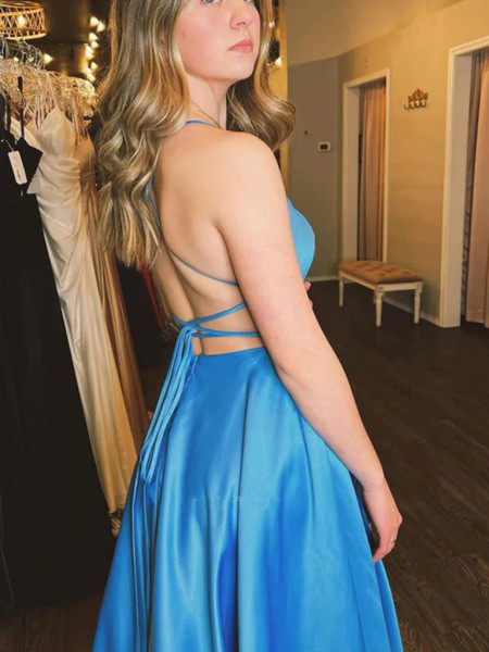 Shop 2023 ANNAKOO Halter Corset Lace Up Satin A Line Light Blue Prom Dress With Slit Under 99