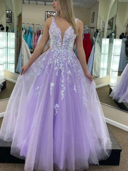 Shop 2023 ANNAKOO V Neck Open Back Purple Tulle  Appliques Long Prom Dress Under 178