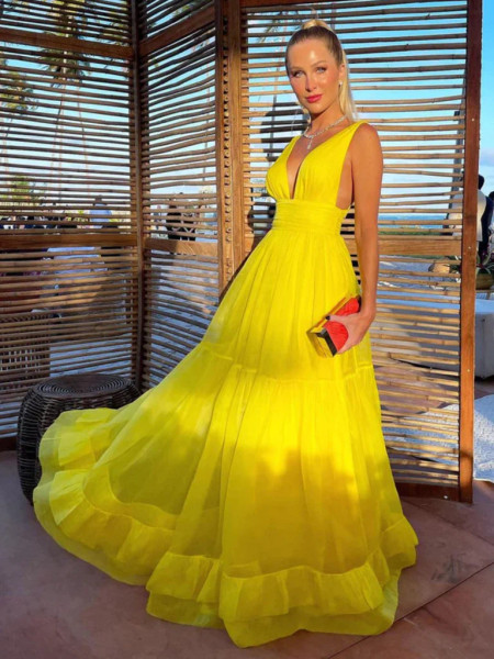 Shop 2023 ANNAKOO A Line V Neck Yellow Elegant Tulle Long Prom Dress under 145