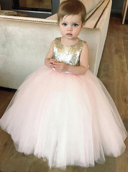 Ball Gown Bateau Sequins Bowknot Pink Tulle Flower Girl Dress 