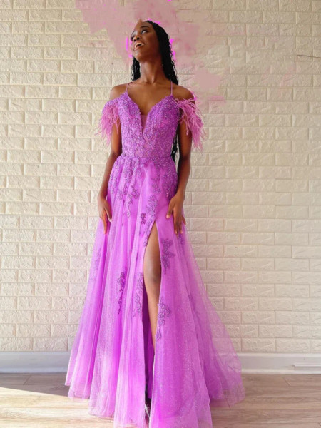 Shop 2023 ANNAKOO  Off Shoulder Purple Feather Long Prom Dress with High Slit Under 168