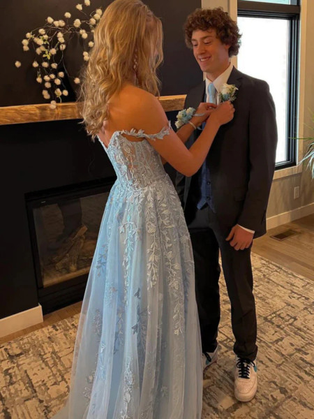 Shop 2023 ANNAKOO Off The Shoulder Blue Appliques Tulle Prom Dress With Slit Under 159