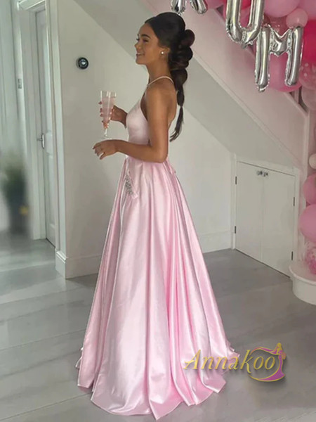 Shop 2023 ANNAKOO Halter Satin A Line Beading Pocket Pink Prom Dress Under 136
