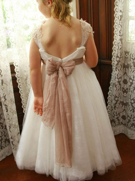 Square White Sash Appliques Lace Tulle Flower Girl Dress