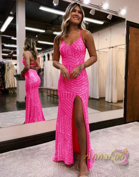 Shop 2023 ANNAKOO Orange Sheath Column Sequin Long Glitter Prom Dress With Slit Under 158