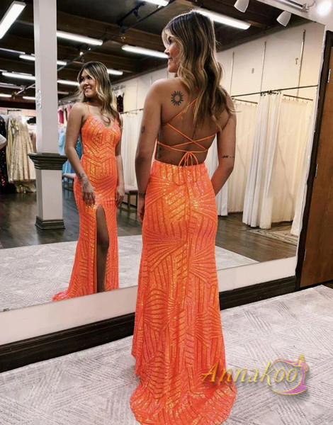 Shop 2023 ANNAKOO Orange Sheath Column Sequin Long Glitter Prom Dress With Slit Under 158