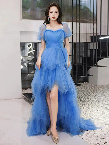 Shop 2023 ANNAKOO High Low Short Sleeve Ruffles Blue Tulle Long Prom Dress Under 158