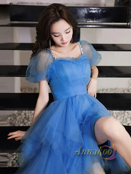 Shop 2023 ANNAKOO High Low Short Sleeve Ruffles Blue Tulle Long Prom Dress Under 158