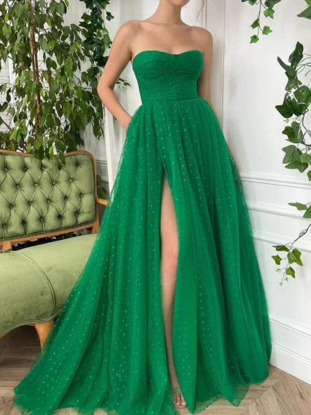 Shop 2023 ANNAKOO Strapless Green Tulle Long Prom Dress with High Slit Under 168