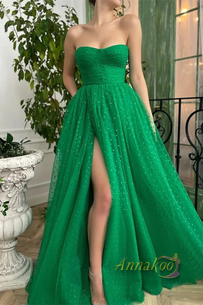 Shop 2023 ANNAKOO Strapless Green Tulle Long Prom Dress with High Slit Under 168