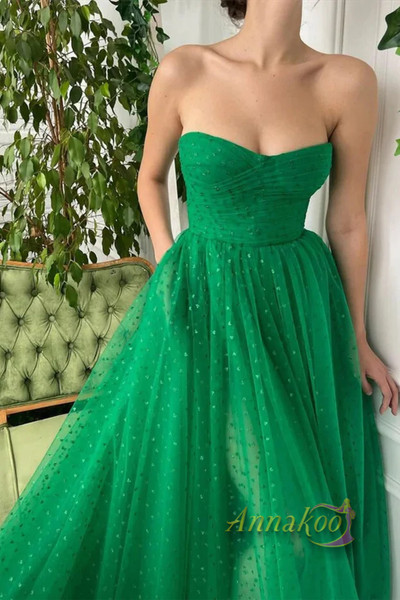Shop 2023 ANNAKOO Strapless Green Tulle Long Prom Dress with High Slit Under 168