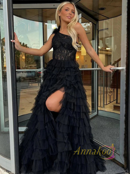 Shop 2023 ANNAKOO One Shoulder Layers Black Long Prom Dress With Slit Under 172