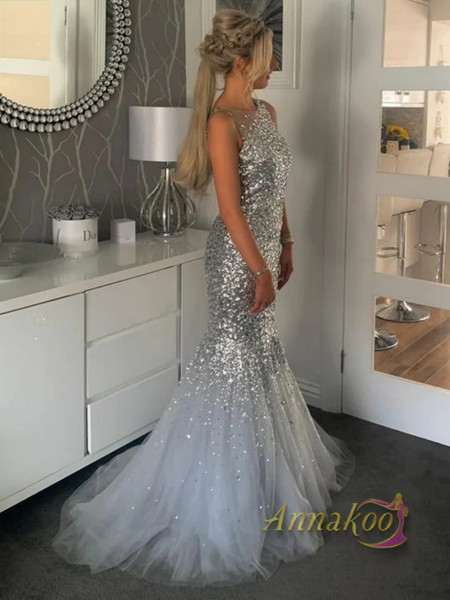Shop 2023 ANNAKOO Trumpet Mermaid Sequin Silver Beading Tulle Prom Dress Under 235