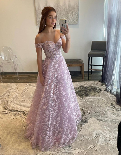 Shop 2023 ANNAKOO Pink Off The Shoulder Long Prom Dress With Sequin Under 158