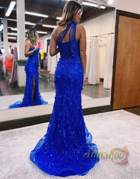 Shop 2023 ANNAKOO Mermaid Blue Flower One Shoulder Prom Dress With Split Under 169