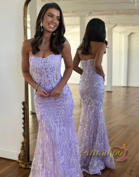 Shop 2023 ANNAKOO Mermaid Strapless Purple Sparkle Prom Dress With Beading Under 188