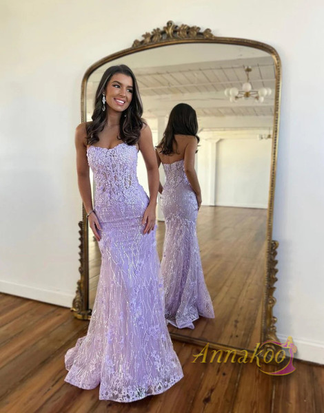 Shop 2023 ANNAKOO Mermaid Strapless Purple Sparkle Prom Dress With Beading Under 188