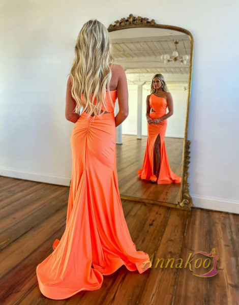 Shop 2023 Annakoo  Mermaid One Shoulder Orange Jersey Prom Dress With Split Under 139