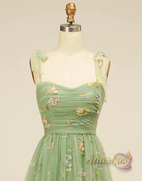 Shop 2023 ANNAKOO Green Straps Embroidery Tulle A Line Prom Dress Under 158