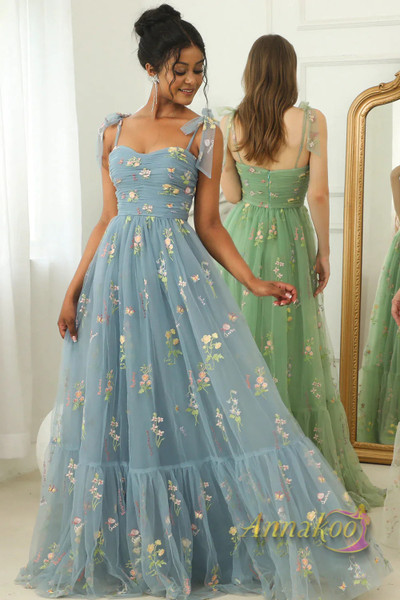 Shop 2023 ANNAKOO Green Straps Embroidery Tulle A Line Prom Dress Under 158
