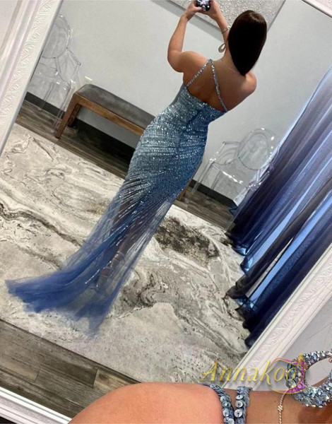 Shop 2023 ANNAKOO Blue Sheath One Shoulder Sequin  Prom Dress With Split  Under 124