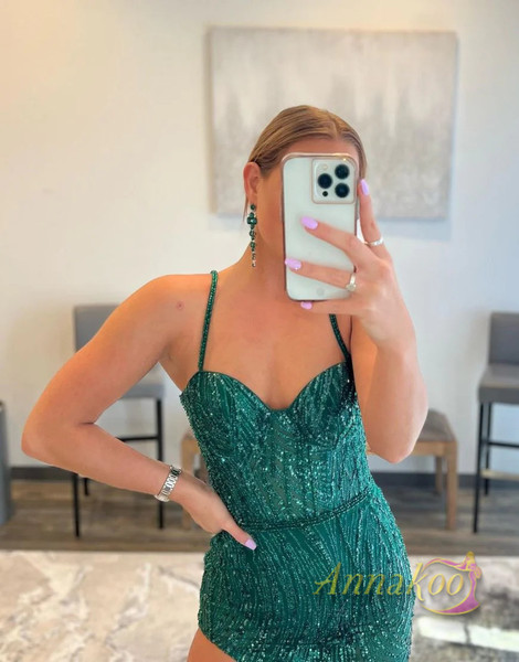 Shop 2023 ANNAKOO  Sheath Spaghetti Straps Sequin Long Prom Dress Under 158