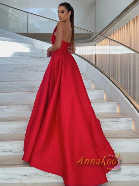 Shop 2023 ANNAKOO Red Satin One Shoulder Prom Dress with High Slit Under 139