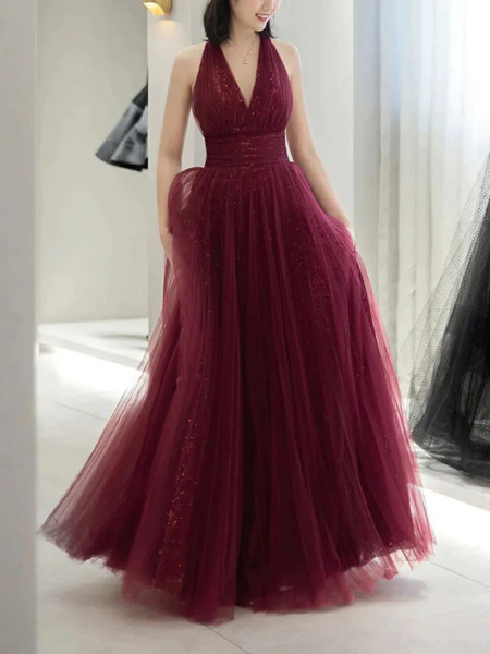 Shop 2023 ANNAKOO V Neck Backless Burgundy Backless Tulle Long Prom Dress Under 139