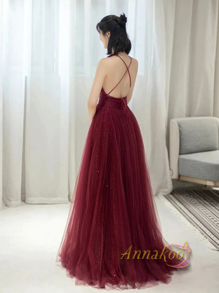 Shop 2023 ANNAKOO V Neck Backless Burgundy Backless Tulle Long Prom Dress Under 139
