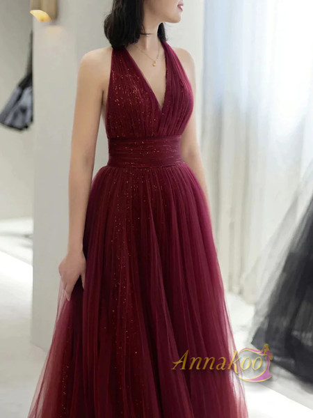 Shop 2023 ANNAKOO V Neck Backless Burgundy Backless Tulle Long Prom Dress Under 139