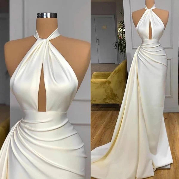 Shop 2023 ANNAKOO Ivory Keyhole High Neck Satin Ruched Prom Dress Under 148