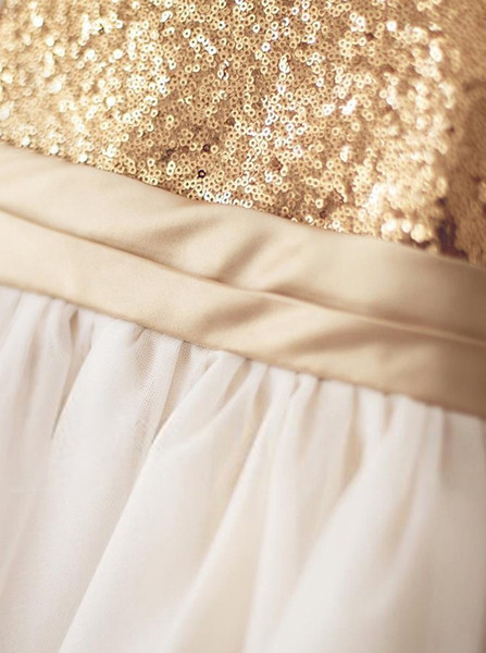 Champagne Sequins Bow Jewel White Flower Girl Dress