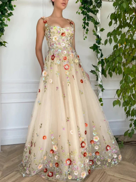 Shop 2023 ANNAKOO A Line Champagne Colorful Floral Long Prom Dress Under 234