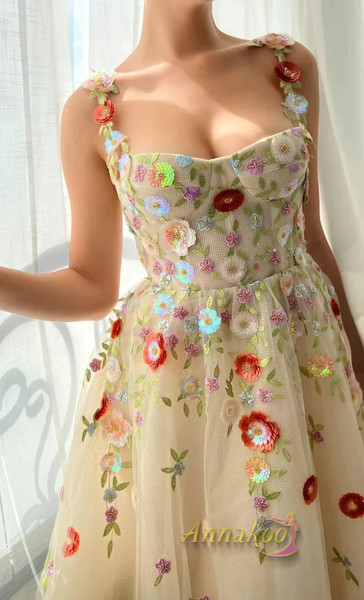 Shop 2023 ANNAKOO A Line Champagne Colorful Floral Long Prom Dress Under 234