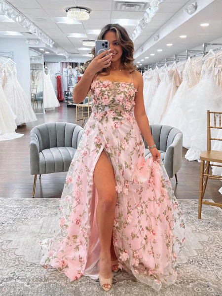 Shop 2023 ANNAKOO A Line Pink Floral Long Prom Dress with High Slit Under 167