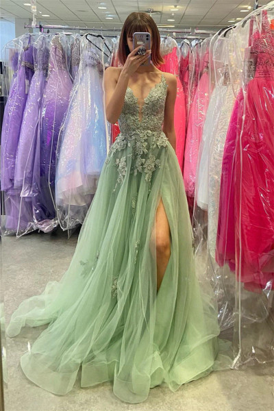 Shop 2023 ANNAKOO Sage Green Tulle Appliques Prom Dress With Slit Under 158