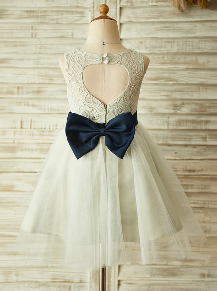 Simple Ivory Jewel Open Back Flower Girl Dress with Bow