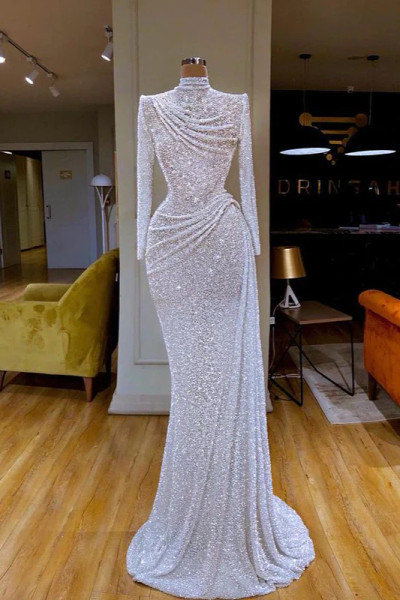 Shop 2023 ANNAKOO White Sequin Long Sleeve Pleated Long Prom Dress Under 199