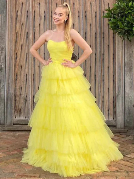 Shop 2023 ANNAKOO Yellow Tulle Layered Long Sweetheart Prom Dress Under 169