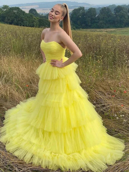 Shop 2023 ANNAKOO Yellow Tulle Layered Long Sweetheart Prom Dress Under 169